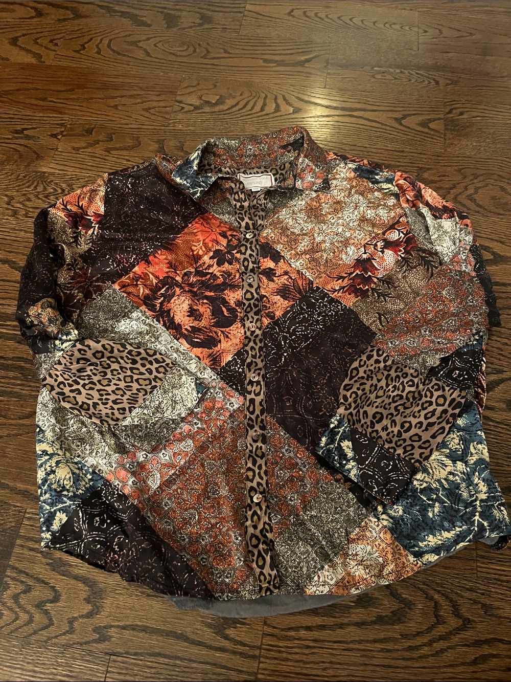Johnny Was 100% Silk Mixed Patchwork Animal Print Long-Sleeve Shirt - Multicolor